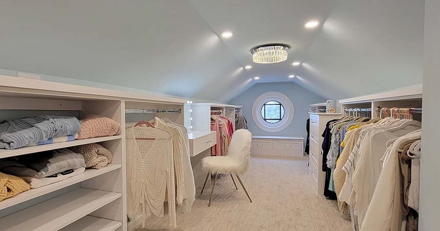 primary master closet remodel with vanity and recessed lighting